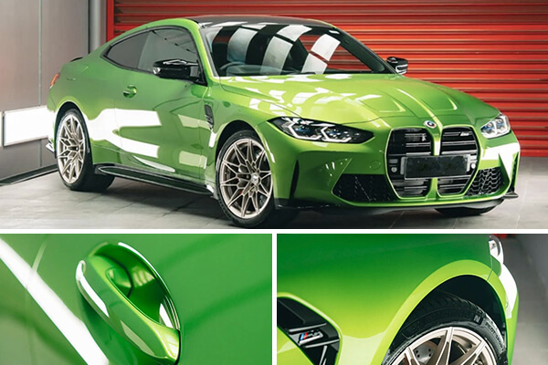 Clear paint protection film on green car
